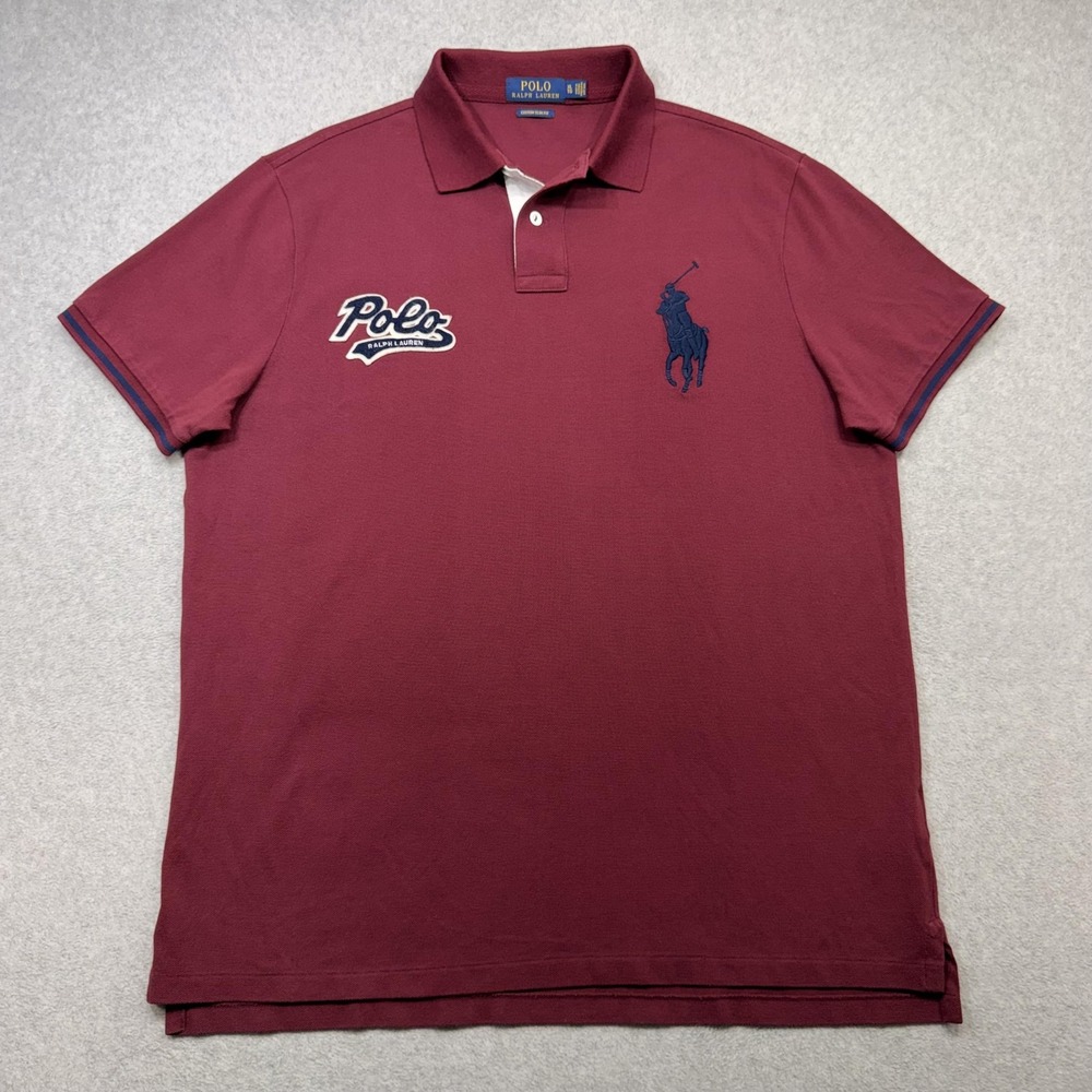 Ralph Lauren Polo Shirt Mens XL Burgundy Big Pony Custom Slim Fit Script Logo